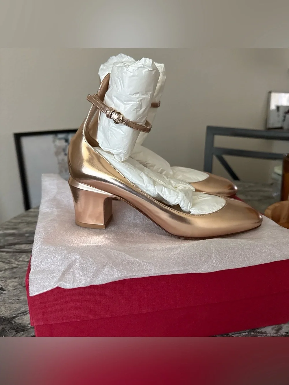 Valentino Garavani Metallic Rose Gold Mary Jane Block Heel